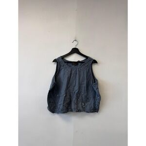 VTG Luxe Noir Tank Top Womens 2X Blue Embroidered Sequin Floral‎ Scoop Neck Boho